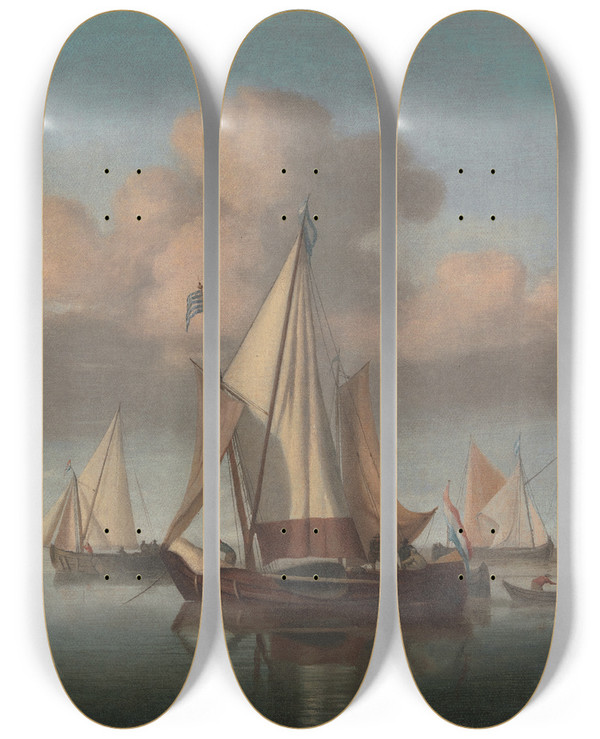 Triptych art skateboard deck of Willem Van De Velde The Younger A Kaag At Anchor With Sails Hoisted And A State Yacht And Other Vessels by Willem van de Velde the Younger (1633-1707)