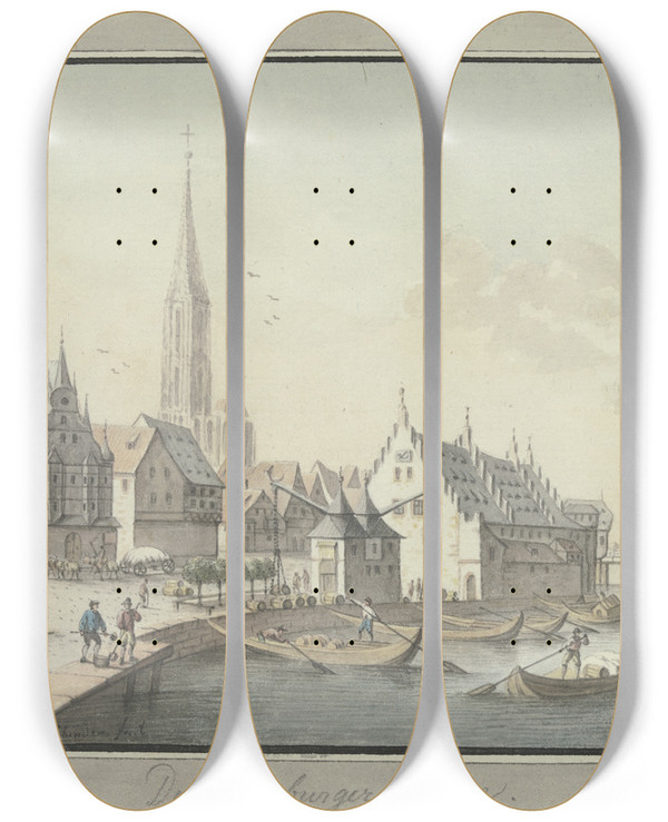 Triptych art skateboard deck of Johann Caspar Zehender Der Straburger Kranen by Johann Caspar Zehender (1742-1805)
