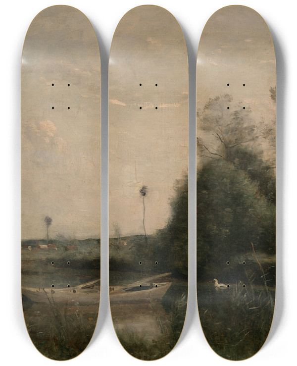 Triptych art skateboard deck of Jeanbaptistecamille Corot A Pond Inmortain by Jean-Baptiste-Camille Corot (1796-1875)