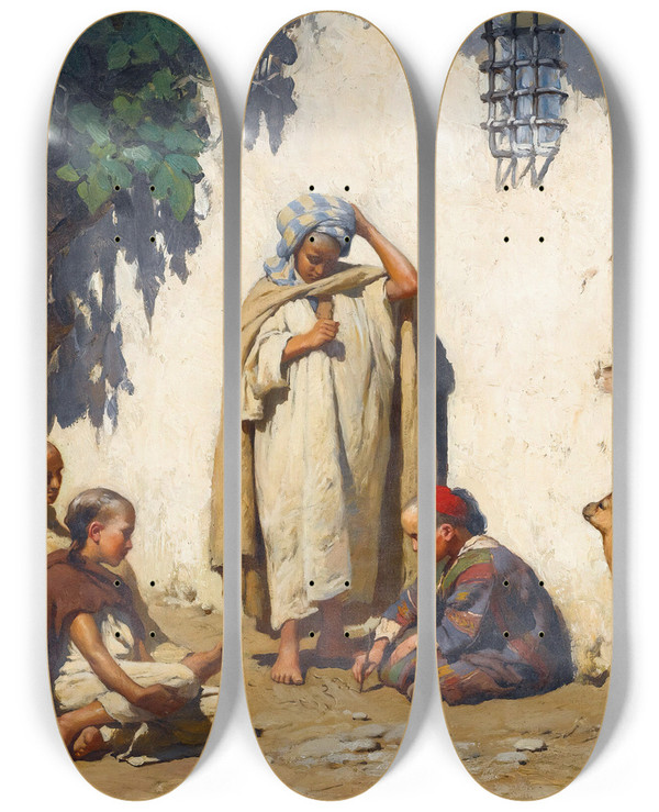 Triptych art skateboard deck of Frederick Arthur Bridgman The Young Scribe by Frederick Arthur Bridgman (1847-1928)