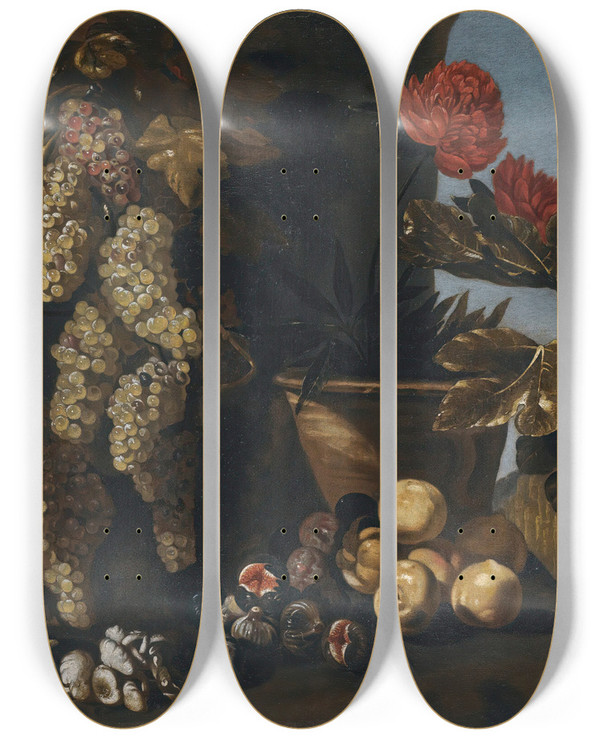 Triptych art skateboard deck of Giovanni Battista Ruoppolo Still Life With Hanging Grapes On The Vine Figs And Fungi In A Garden Setting by Giovanni Battista Ruoppolo (1629-1693)