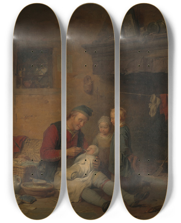 Triptych art skateboard deck of Ferdinand De Braekeleer The Delivery Room by Ferdinand De Braekeleer (1792-1883)