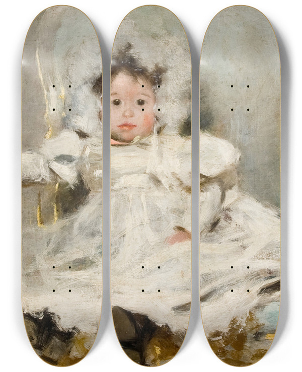 Triptych art skateboard deck of Carlos Bacaflor Portrait Of A Girl In White by Carlos Baca-Flor (1869-1941)