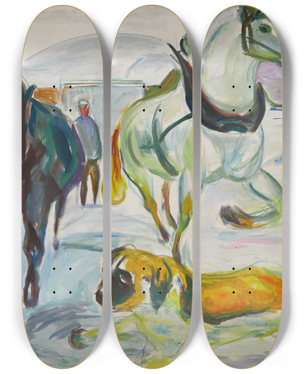 Triptych art skateboard deck of Edvard Munch Horse Team And A St Bernhard In The Snow by Edvard Munch (1863-1944)