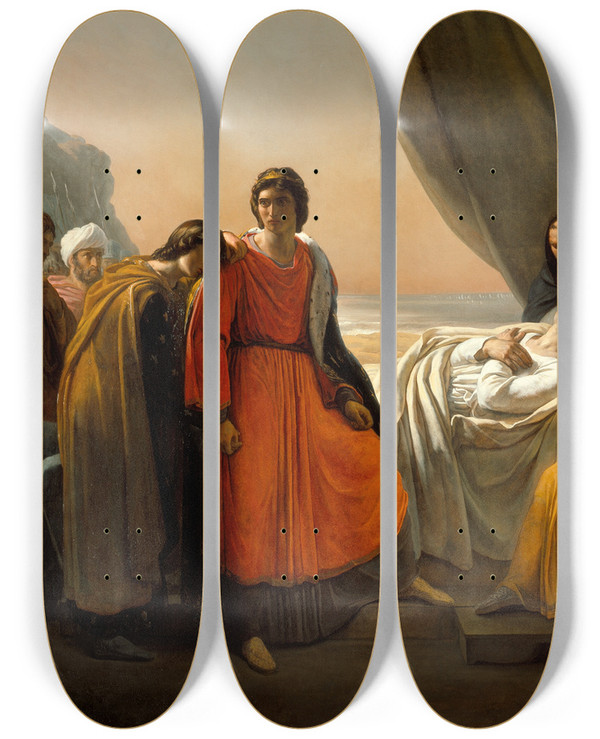 Triptych art skateboard deck of Ary Scheffer The Death Of Saint Louis by Ary Scheffer (1795-1858)