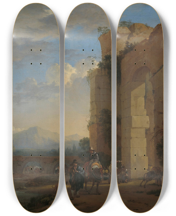 Triptych art skateboard deck of Jan Asselijn Muleteers Beside An Italian Ruin by Jan Asselijn (1610-1652)