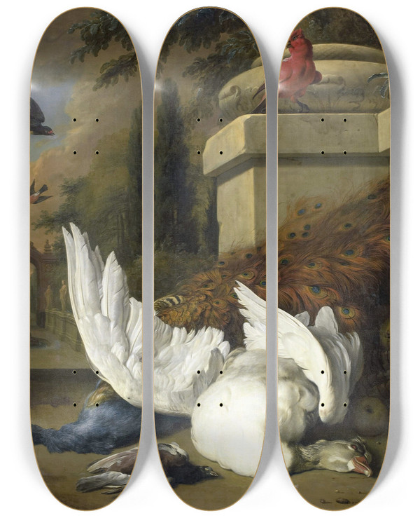 Triptych art skateboard deck of Jan Weenix A Dog With A Dead Goose And Peacock A Study Of Game And Fruit by Jan Weenix (1641-1719)