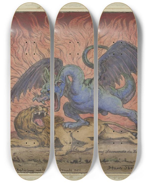 Triptych art skateboard deck of Hans Thoma Dragon And Lion by Hans Thoma (1839-1924)