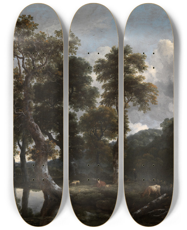 Triptych art skateboard deck of Jacob Van Ruisdael Grosse Baumgruppe Am Wasser by Jacob Van Ruisdael (1628-1682)
