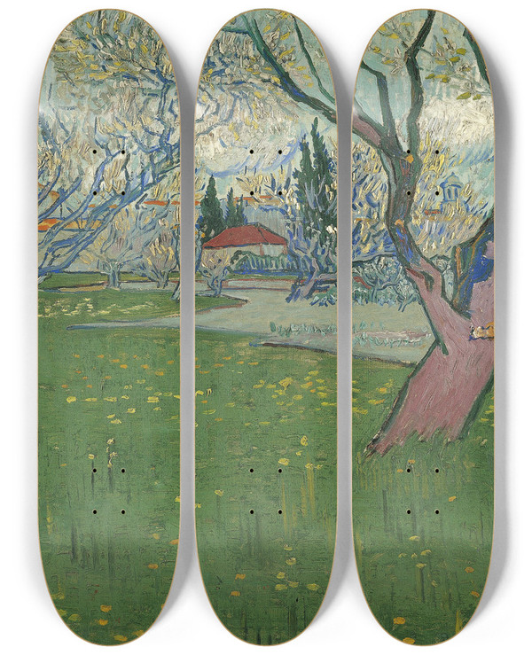 Triptych art skateboard deck of Vincent Van Gogh Orchards In Blossom View Of Arles by Vincent van Gogh (1853-1890)