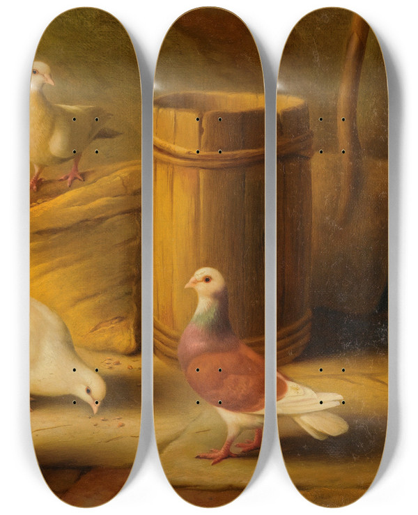 Triptych art skateboard deck of Edgar Hunt Chickens Pigeons by Edgar Hunt (1876-1953)