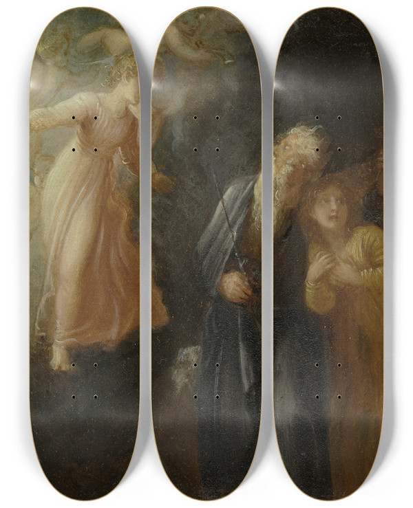 Triptych art skateboard deck of Thomas Stothard Prospero Miranda And Ariel From The Tempest Act I Scene Ii by Thomas Stothard (1755-1834)