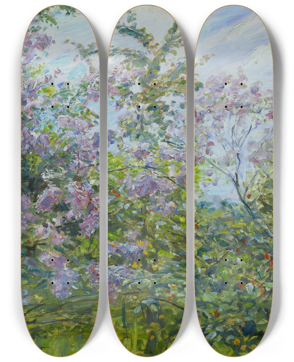 Triptych art skateboard deck of Max Slevogt Blossoming Lilac by Max Slevogt (1868-1932)