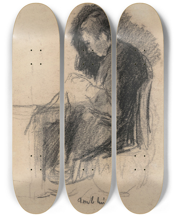 Triptych art skateboard deck of Jakob Smits Woman At Work by Jakob Smits (1855-1928)