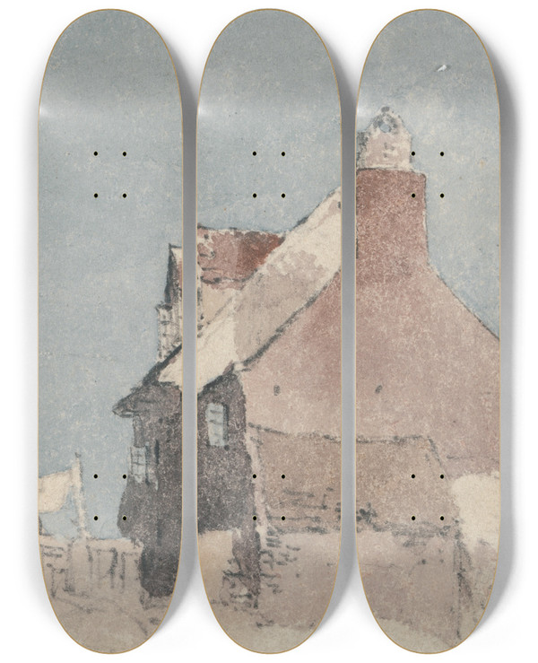 Triptych art skateboard deck of David Cox Cottage At Northfleet Kent by David Cox (1783-1859)