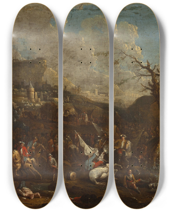 Triptych art skateboard deck of Arnold Frans Rubens Battle Near A Port by Arnold Frans Rubens (1687-1719)