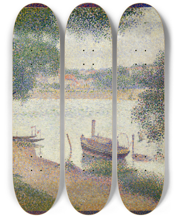 Triptych art skateboard deck of Georges Seurat Gray Weather Grande Jatte by Georges Seurat (1859-1891)