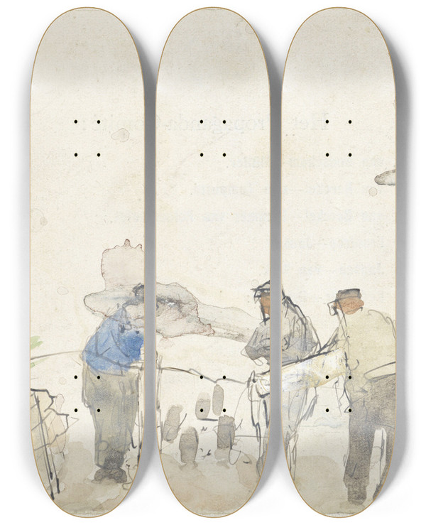 Triptych art skateboard deck of Adolf Le Comte Drie Werklieden by Adolf Le Comte (1850-1921)