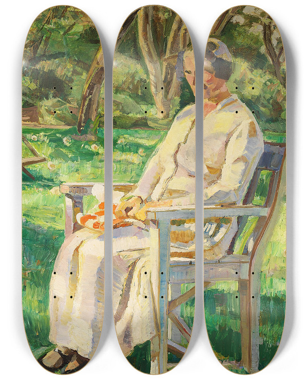 Triptych art skateboard deck of Fritz Syberg Sommereftermiddag Marie I Haven by Fritz Syberg (1862-1939)