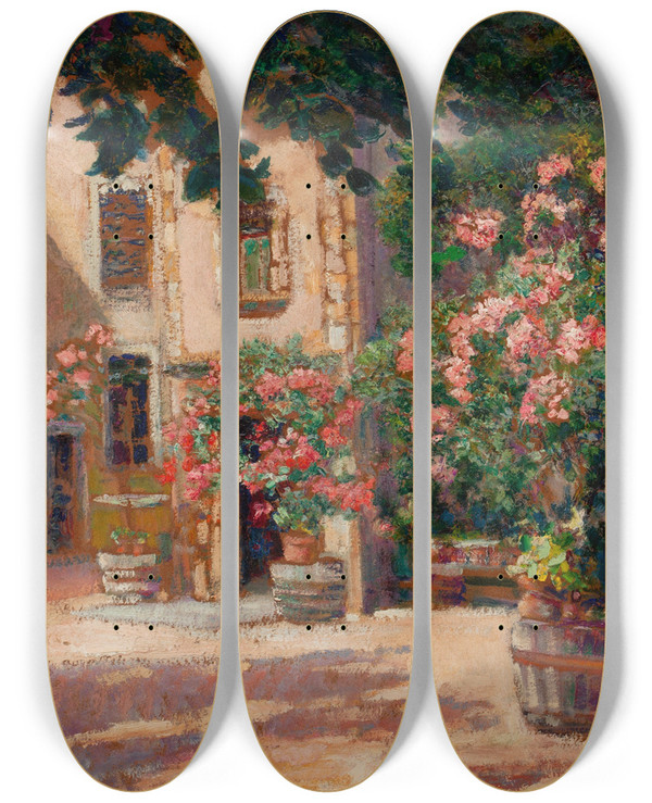 Triptych art skateboard deck of Victor Charreton French Courtyard by Victor Charreton (1864-1937)