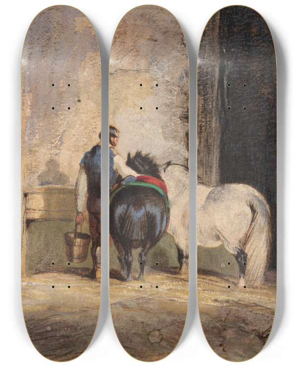 Triptych art skateboard deck of Charles Hancock Two Shetland Ponies With A Groom by Charles Hancock