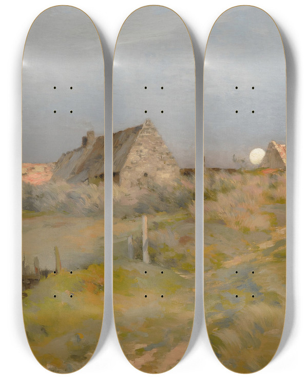 Triptych art skateboard deck of Jean Charles Cazin Moonrise by Jean Charles Cazin (1840-1901)