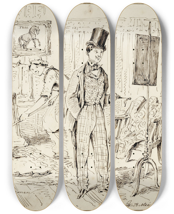 Triptych art skateboard deck of Pieter Van Loon Karik Student Na Het Examen by Pieter Van Loon (1801-1873)