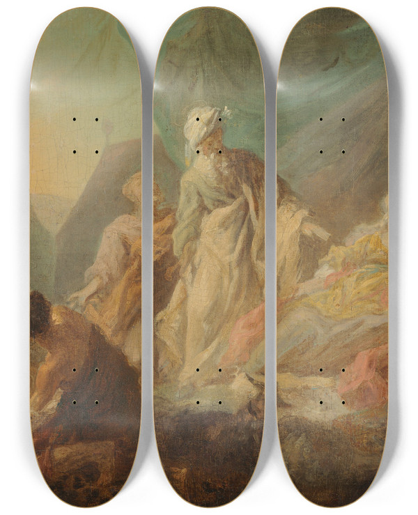 Triptych art skateboard deck of Augustin De Saintaubin Laban Searching For His Stolen Gods by Augustin de Saint-Aubin (1736-1807)