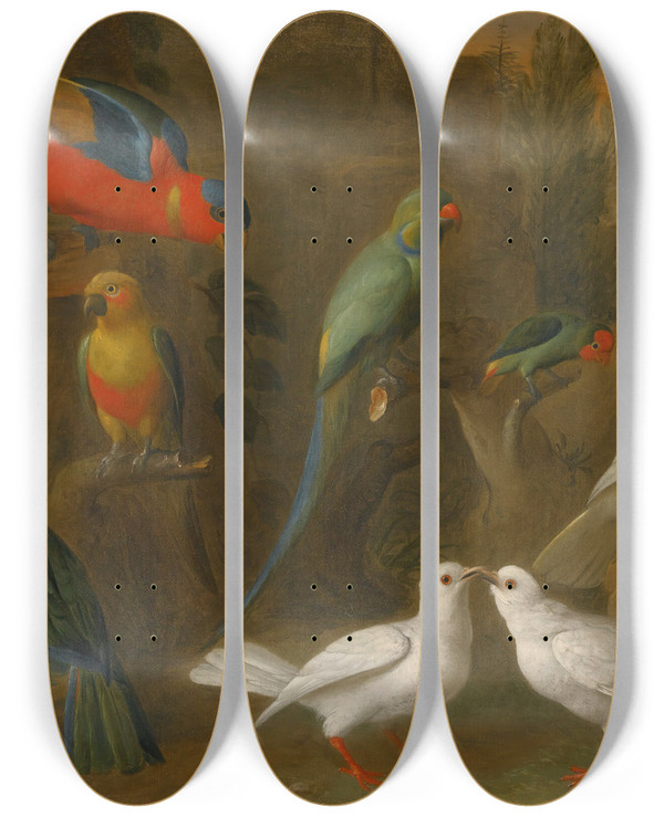 Triptych art skateboard deck of Circle Of Tobias Stranover A Landscape With Exotic Birds Including Parrots Parakeetsturtle Doves And Cockatoos by Circle Of Tobias Stranover (1684-1756)