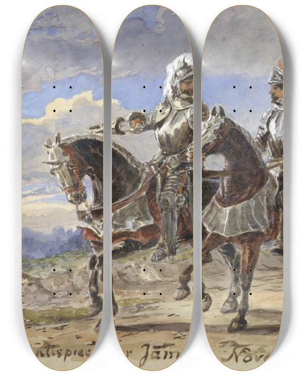 Triptych art skateboard deck of Pieter Van Loon Twee Ridders Te Paard In Een Landschap by Pieter Van Loon (1801-1873)