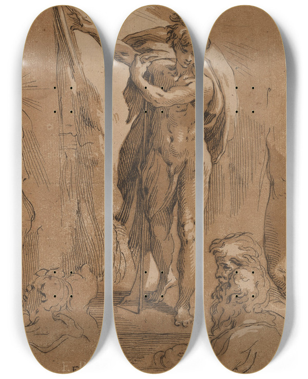 Triptych art skateboard deck of Frederick Bloemaert Saint John The Baptist by Frederick Bloemaert (1610-1669)
