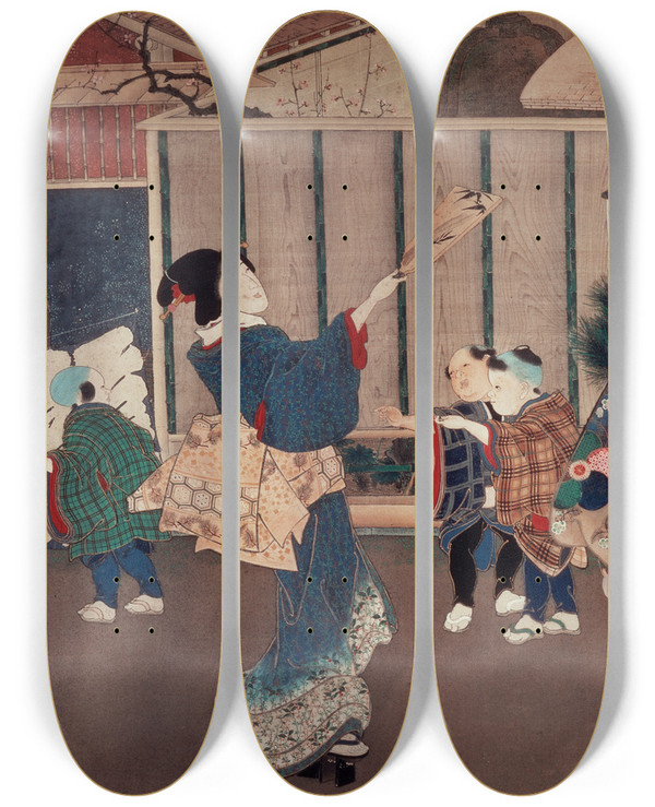 Triptych art skateboard deck of Tsukioka Yoshitoshi January Celebrating The New Year by Tsukioka Yoshitoshi (1839-1892)