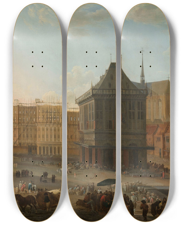 Triptych art skateboard deck of Jacob Van Der Ulft The Dam In Amsterdam With The New Town Hall Under Construction by Jacob van der Ulft (1627-1689)