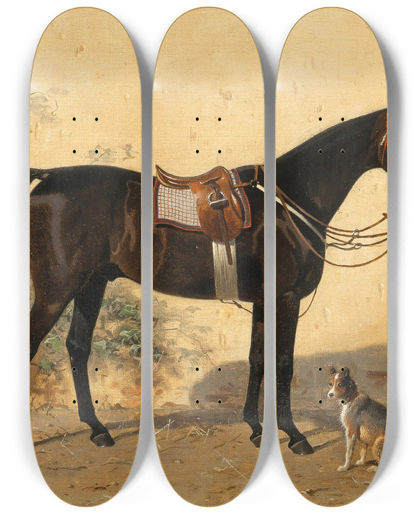 Triptych art skateboard deck of Emil Volkers A Black Horse With A Dog by Emil Volkers (1831-1905)