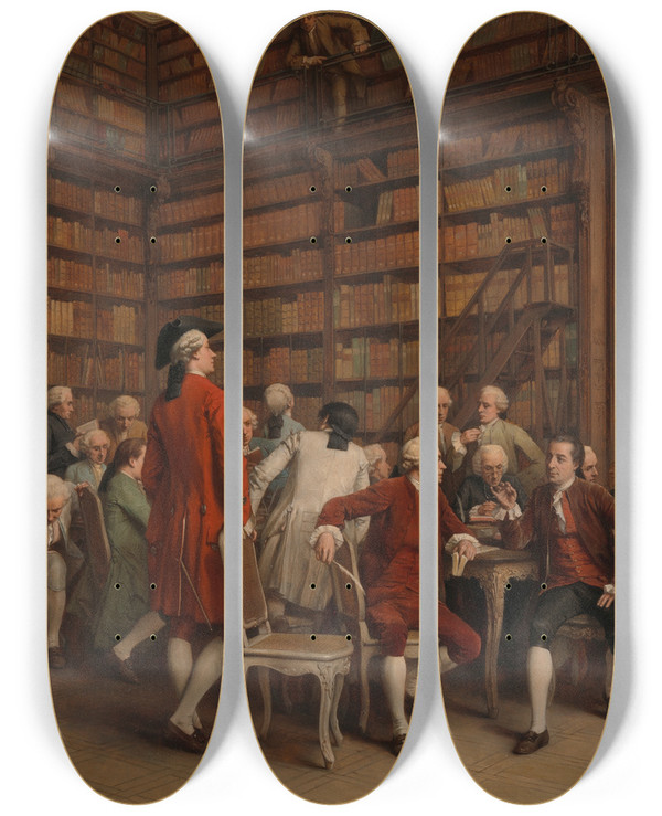 Triptych art skateboard deck of Benjamineugne Fichel The Encyclopaedists In The Kings Library by Benjamin Eugene Fichel (1826-1895)