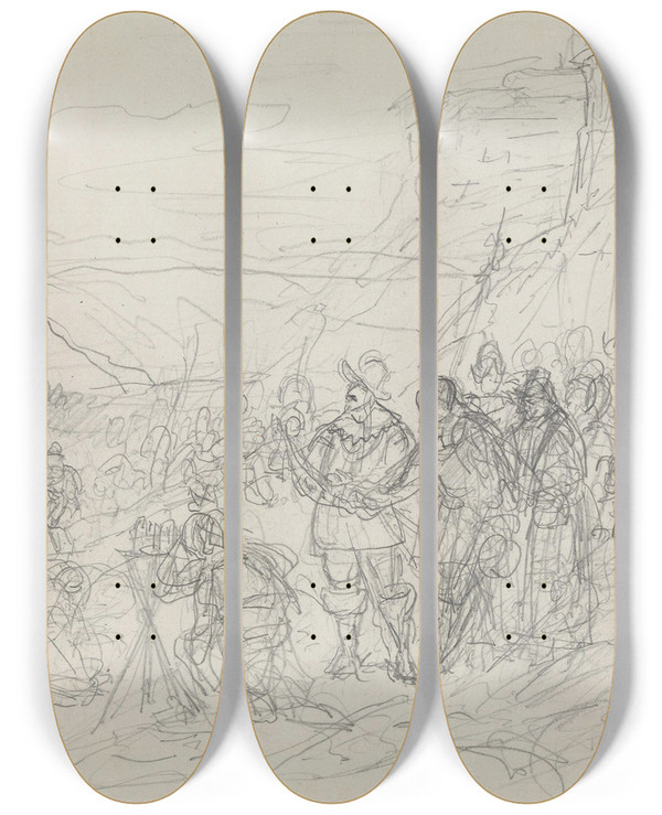 Triptych art skateboard deck of Adolph Tidemand Landmler Blant Soldater by Adolph Tidemand (1814-1876)