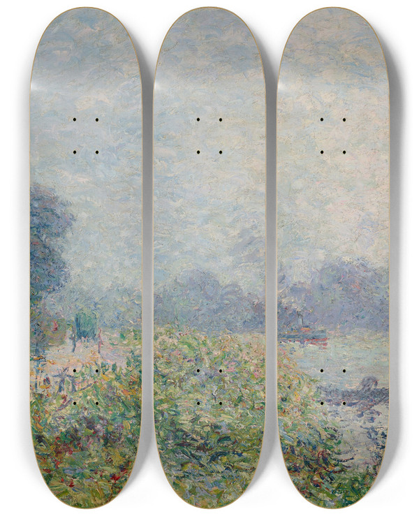 Triptych art skateboard deck of Gustave Loiseau Bord De Rivire by Gustave Loiseau (1865-1935)