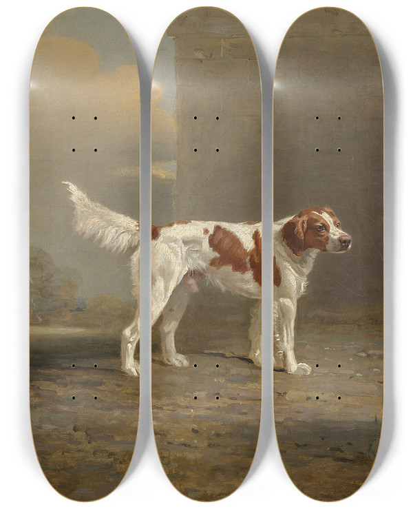 Triptych art skateboard deck of Ben Marshall A White Setter In A Landscape By A Gateway by Ben Marshall