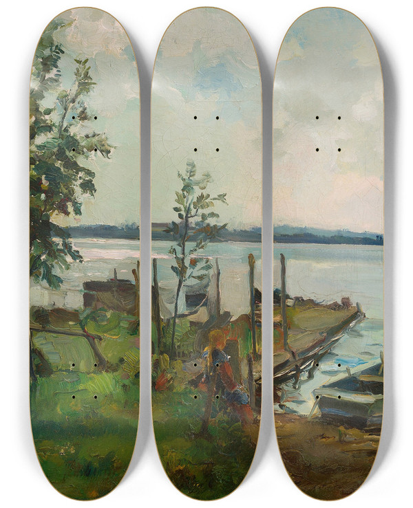 Triptych art skateboard deck of Hiasl Maiererding Auf Der Fraueninsel by Hiasl Maier-Erding (1894-1933)