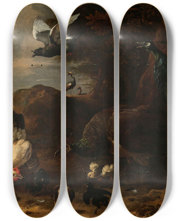 Triptych art skateboard deck of Melchior Dhondecoeter Two Peacocks Threatening A Hen With Chicks Known As The Threatened Hen by Melchior d'Hondecoeter (1636-1695)