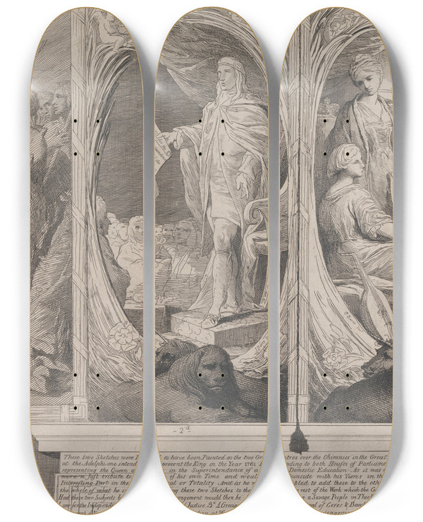 Triptych art skateboard deck of James Barry His Majesty Recommending A Law Designs For The Walls Of The Great Room Of The Society For The Encouragement Of The Arts by James Barry (1741-1806)