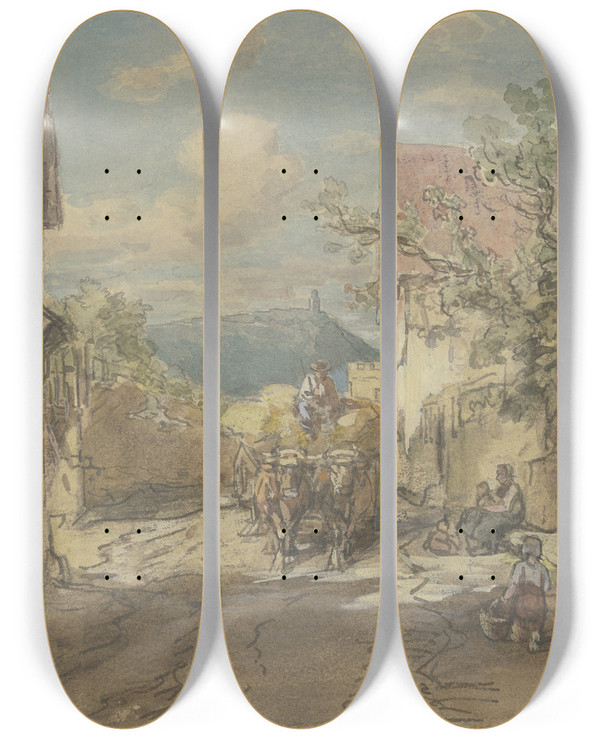 Triptych art skateboard deck of Anton Burger Street In Kronberg 2 by Anton Burger (1824-1905)