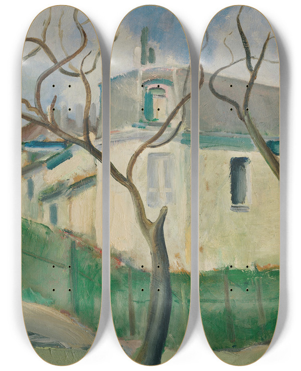 Triptych art skateboard deck of Cyprin Majernk Villa In The Garden by Cyprian Majernik (1909-1945)