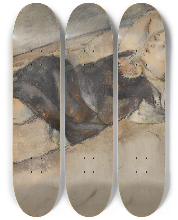 Triptych art skateboard deck of Jules Pascin Jeune Fille Tendue by Jules Pascin (1885-1930)