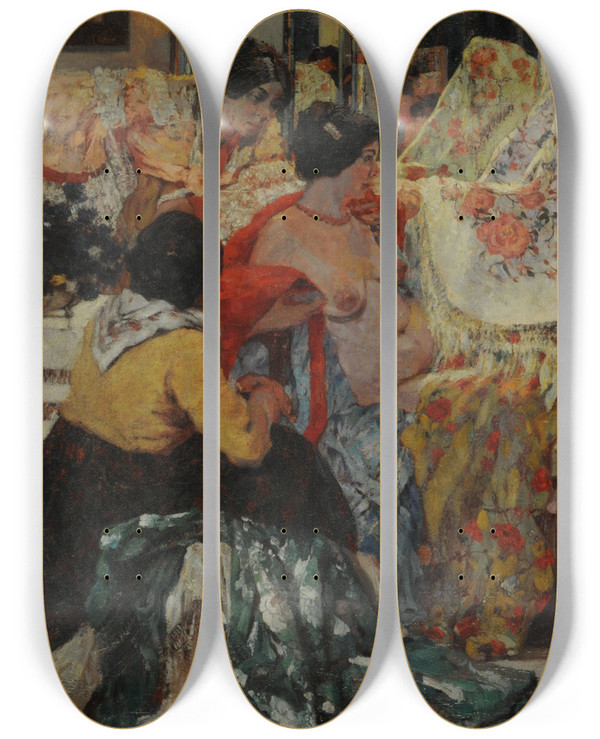 Triptych art skateboard deck of Fernando Fader Los Mantones De Manila by Fernando Fader (1882-1935)