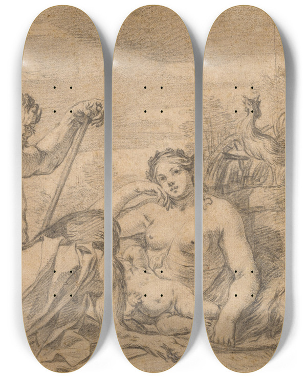 Triptych art skateboard deck of Charles Le Brun Dawn by Charles Le Brun (1619-1690)