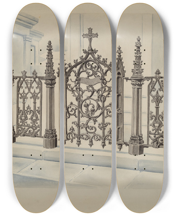 Triptych art skateboard deck of Al Curry Cast Iron Gate And Fence_1 by Al Curry (20-)