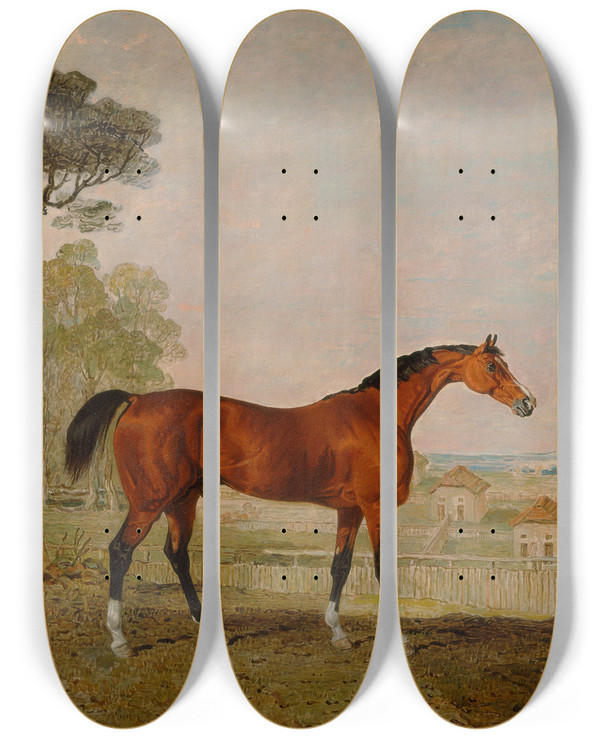 Triptych art skateboard deck of Lambert Marshall Sultan At The Marquess Of Exeters Stud Burghley House by Lambert Marshall (1810-1870)