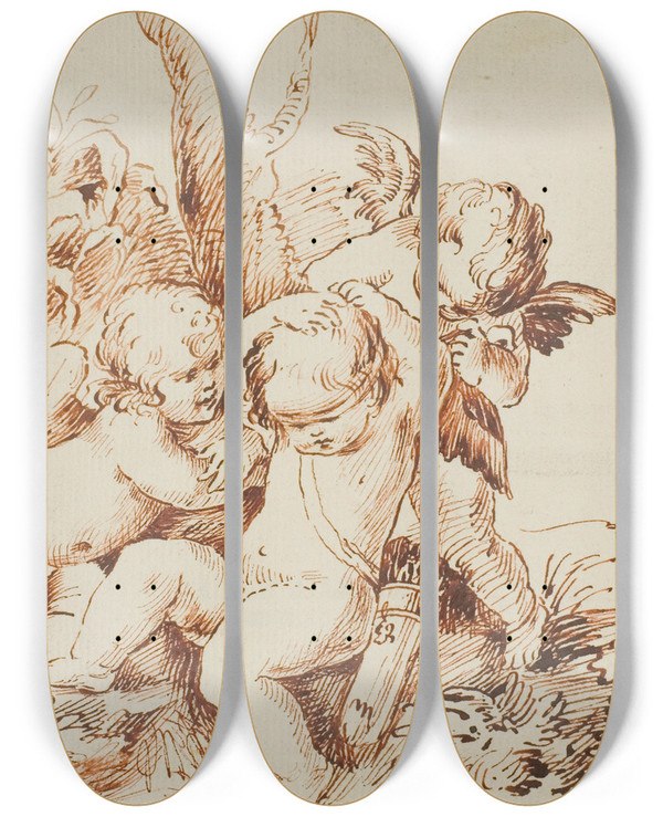 Triptych art skateboard deck of Circle Of Guido Reni Two Putti Blindfolding A Third by Circle Of Guido Reni (1575-1642)