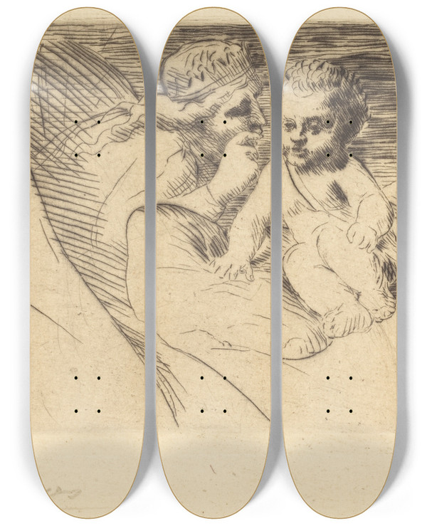 Triptych art skateboard deck of Alphonse Legros Mab And Cupid Mab Et Cupidon by Alphonse Legros (1837-1911)